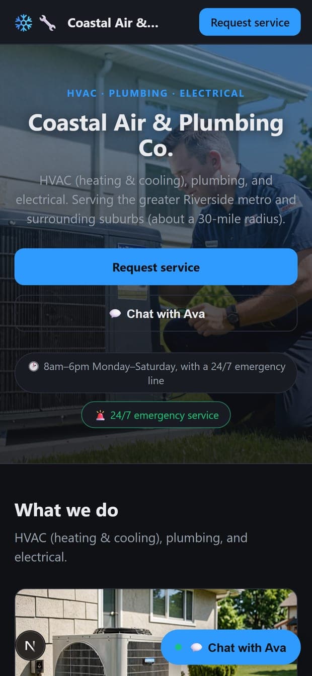 The same home-services website rendered on a phone.
