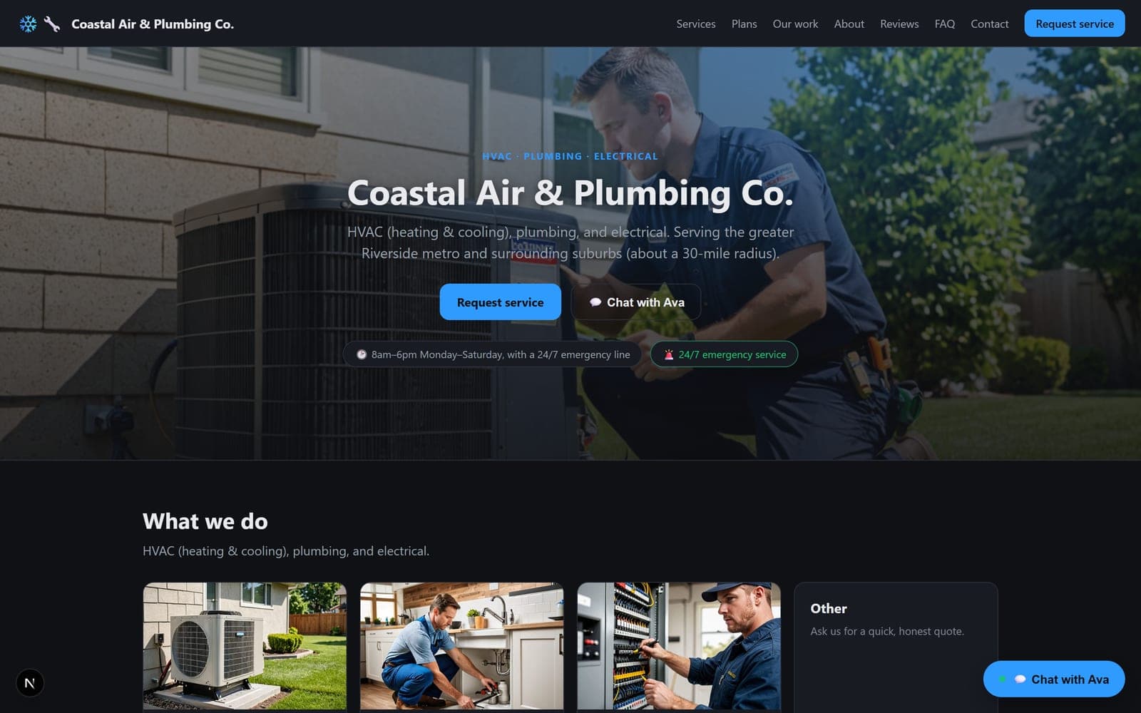 A branded home-services website with an AI assistant available on every page.