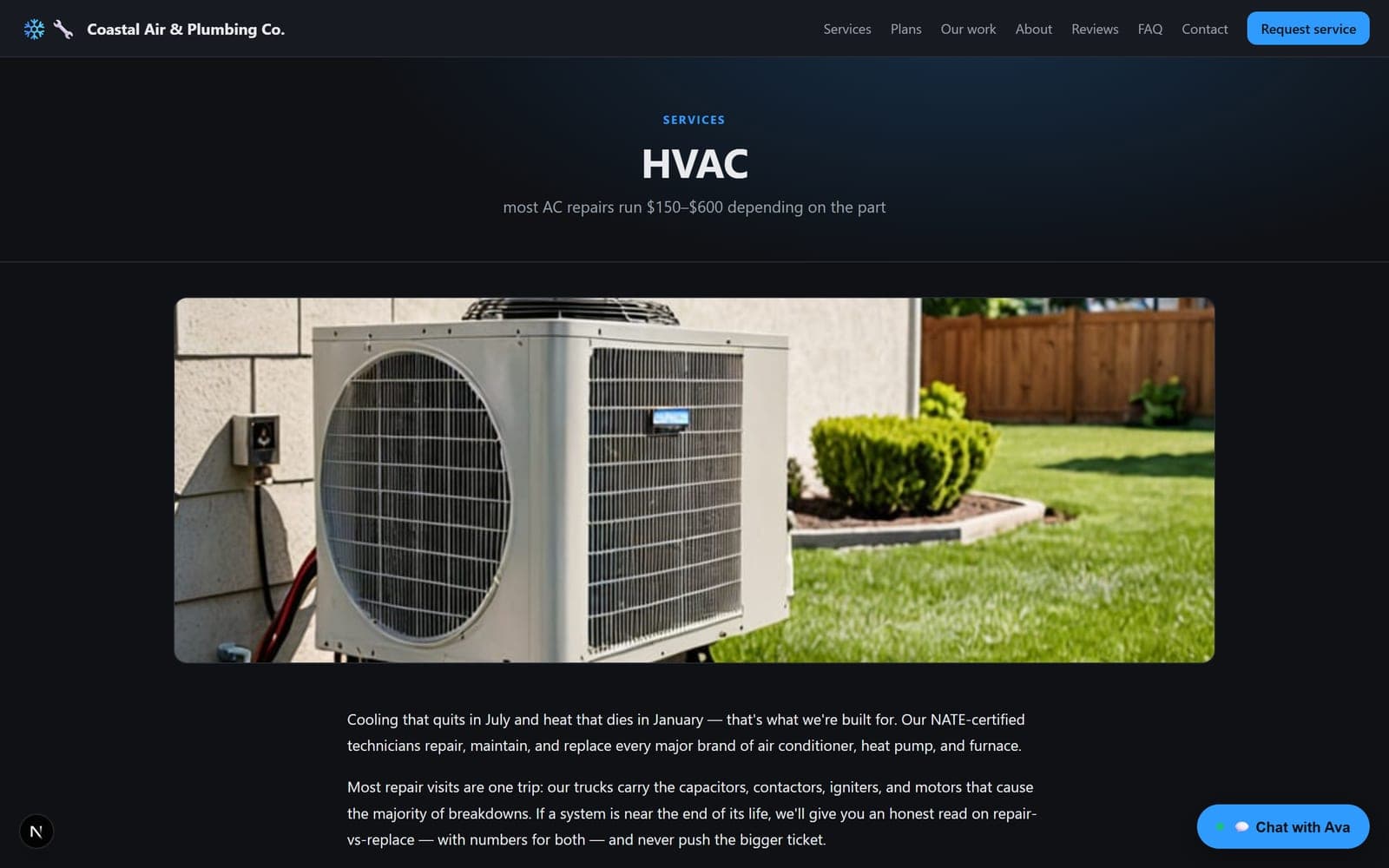A dedicated service page for HVAC with its own photography, description, and booking call to action.